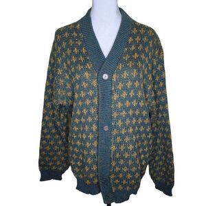 Vintage 60s Wool Cardigan Sweater Women's Size L Green Gold Chunky Knit Fleur De